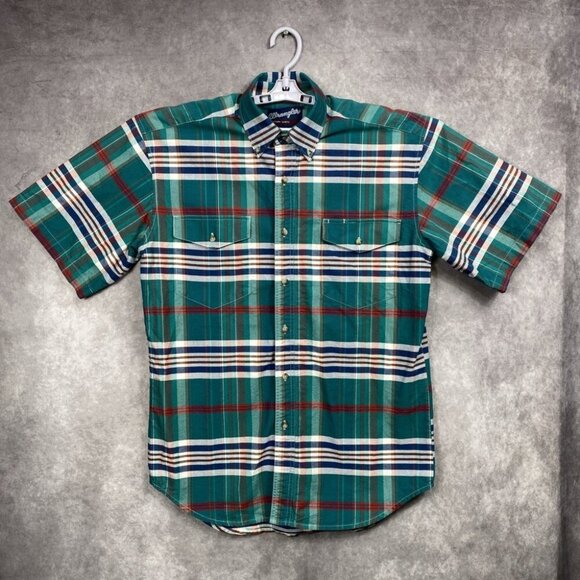 Wrangler Western Shirt Mens M Green Plaid Check Short Sleeve Cowboy Rodeo VTG - Picture 1 of 8
